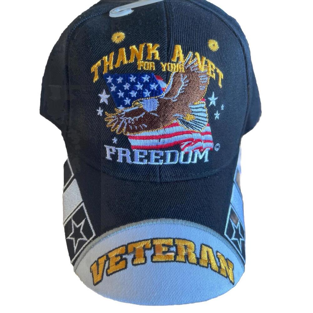 Thank a Vet for Your Freedom Veteran Cap Hat Eagle Flag Stars Black Strapback